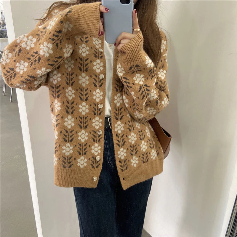 Hnewly  Spring Women Knitting Candigan Sweater New Sweater Coat Fashion Printing Long Seeve Single Breasted Women Thin Sweater