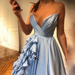 Lunivop  Elegant Turquoise V-Neck Satin Ruffles Prom Dress Hot Sale Spagetti Straps A-Line Long Evening Dress Plus Size Party Dress