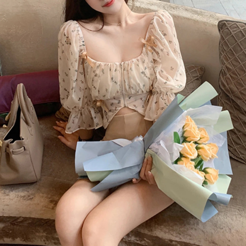 Hnewly Puff Sleeve Floral Chiffon Blouses Women Summer Short Korean Design Fairy Shirts Tops Casual Chic Evening Party Y2k Clothes