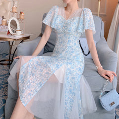 Vintage Chiffon Fairy Dress Women Elegant Floral Print Split Victorian Dress Summer Holiday Korean Long Party Dress Wedding