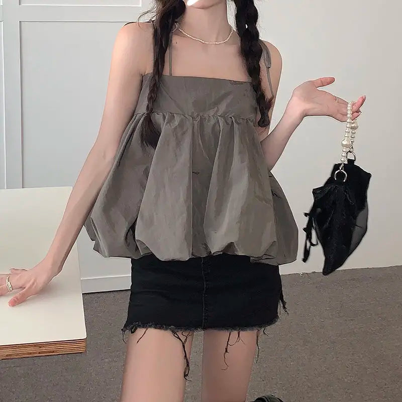 Hnewly Summer Korean Loose Camis Tops Women White Casual Chic French Sexy Blouses Ladies High Street Designer Sweet Party Clothing