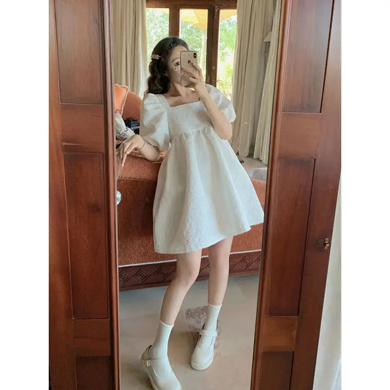 Hnewly White Puff Sleeve Princess Dress Women French Court Mini Party Sweet Dress Summer Casual Korean Wedding Evening Y2k Dress