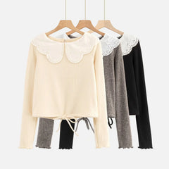 Hnewly  woman sweaters vintage winter tops knitted long sleeve crop top sweater  korean cropped sweater kawaii pulovers peter pan collar