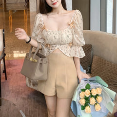 Hnewly Puff Sleeve Floral Chiffon Blouses Women Summer Short Korean Design Fairy Shirts Tops Casual Chic Evening Party Y2k Clothes