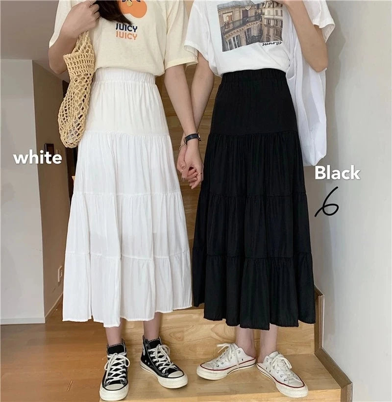 Hnewly Spring Summer Women Chiffon Skirts Vintage High Waist Elastic Patchwork White Black Chic Long Cake A-line Skirt for Student