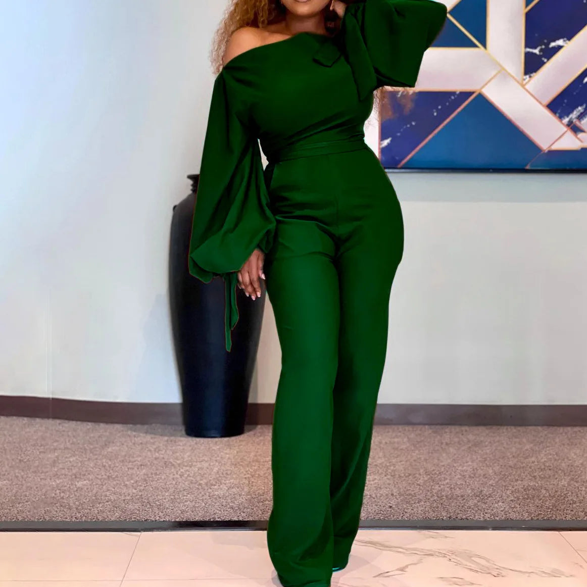 Hnewly Long Sleeve Off Shoulder Sesy Jumpsuit Lantern Sleeve Red Rompers Elegant Wide Leg Playsuit OL Ladies Overalls Party