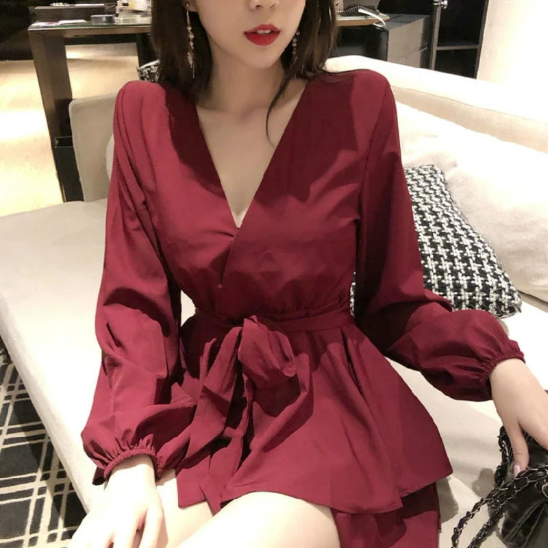 Hnewly Long Sleeve Dress Women Red V-neck Cascading Ruffle Casual Mini Dresses Womens Elegant Sexy Party Vestidoes Fashion Solid Trendy