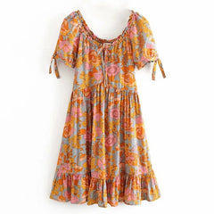 Hnewly  Wood ears Lacing up O neck Orange Camellia Floral Print Short Sleeve Dress Retro Spliced Pleated Mini Short Dresses