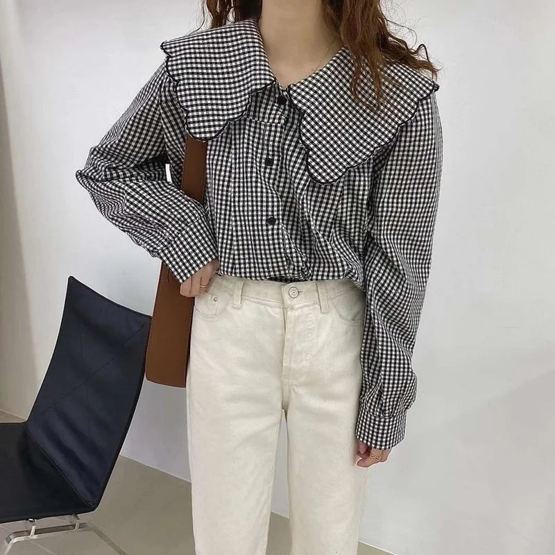 Hnewly Spring Shirt Womens Lovely Elegant Soft Student Simple Plaid All-match Chic Tops Peter-pan-collar Fashion Vintage New Clothing