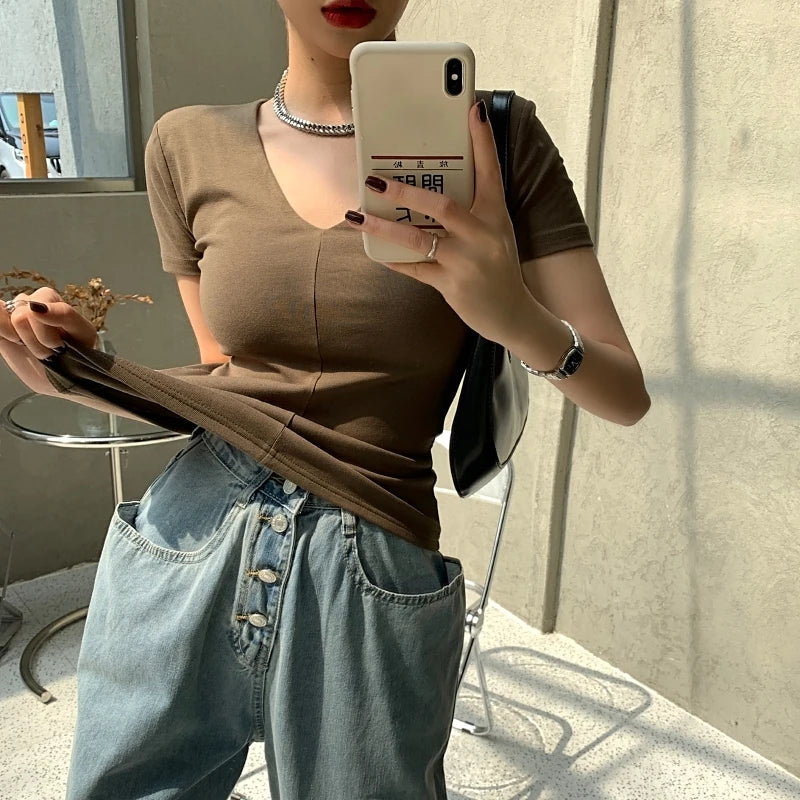 Hnewly Casual Cotton V Neck Short Sleeve T-shirt Women Fashion Shoulder Pad Solid Color Summer Slim Tees Ladies Basic Elastic Tops