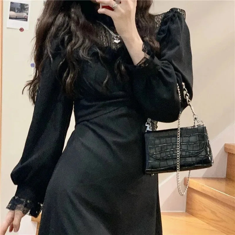 Hnewly DRESS TO IMPRESS French Lace Vintage Dress Women Fashion Puffer Sleeve Elegant One Piece Dress Korean Spring High Street Slim Midi Dress  Y2k