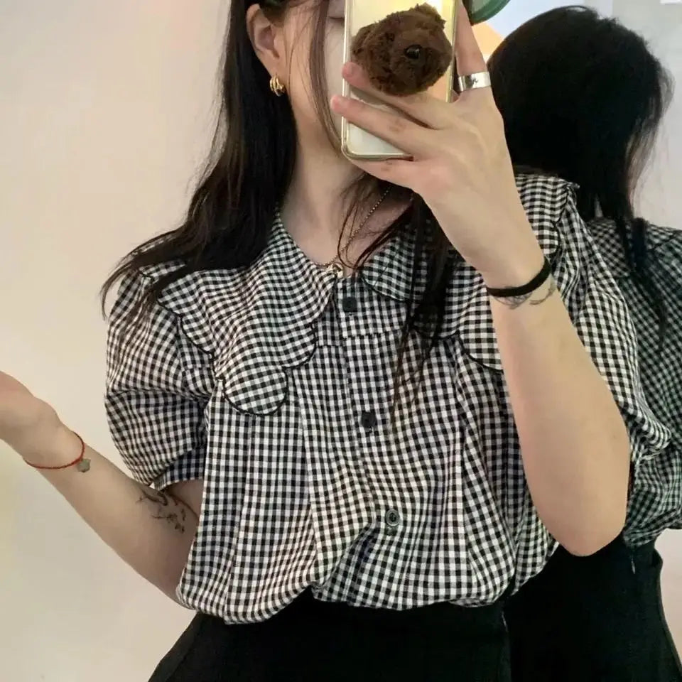Hnewly Spring Shirt Womens Lovely Elegant Soft Student Simple Plaid All-match Chic Tops Peter-pan-collar Fashion Vintage New Clothing