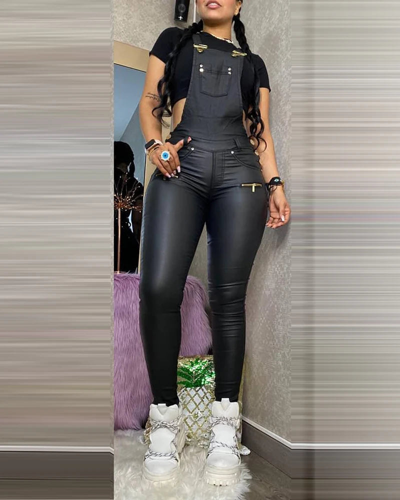 Hnewly Women One Piece Outfits PU Jumpsuits Buckled Zipper Design Suspender Jumpsuit