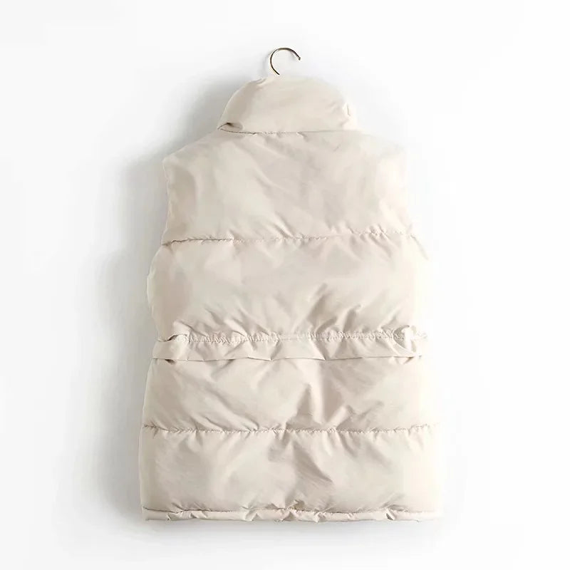 Hnewly Autumn Winter Women Solid Loose Vest Drawstring Stand Collar Long Vest Jacket  Cotton Padded Women Windproof Warm Waistcoat
