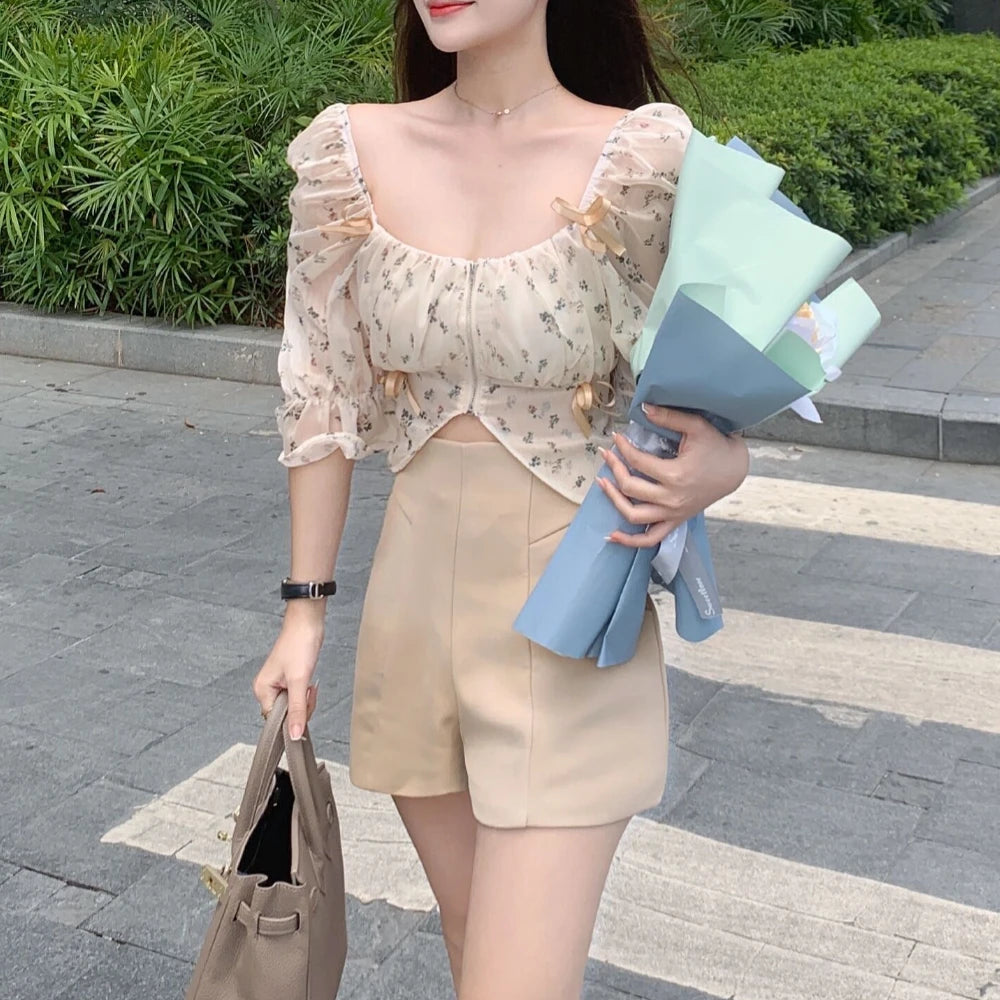 Hnewly Puff Sleeve Floral Chiffon Blouses Women Summer Short Korean Design Fairy Shirts Tops Casual Chic Evening Party Y2k Clothes