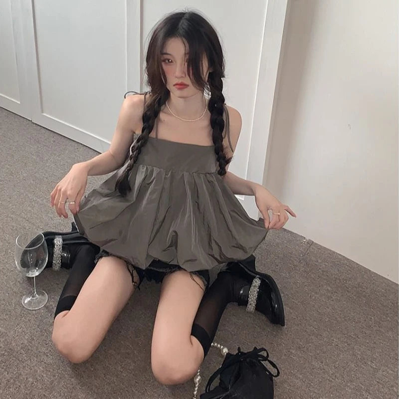 Hnewly Summer Korean Loose Camis Tops Women White Casual Chic French Sexy Blouses Ladies High Street Designer Sweet Party Clothing
