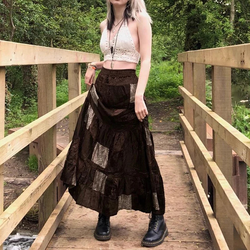Hnewly y2k Grunge Skirt Women Fairycore Clothing Retro High Waist A Line Pleated Long Skirts Punk Gothic Skirts Streetwear