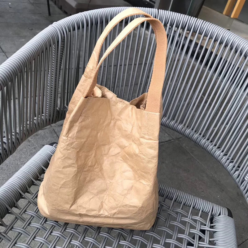 Hnewly  Washed Kraft Paper Shoulder Bag Fashion Retro Pleated Messenger Bags Women's Tote Portable Bucket Handbag