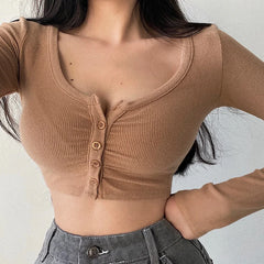 Hnewly Korean Slim V-neck Long Sleeve Bottomed Womens Tops And Blouses High Street Solid Color Open Navel Cardigan U4WF