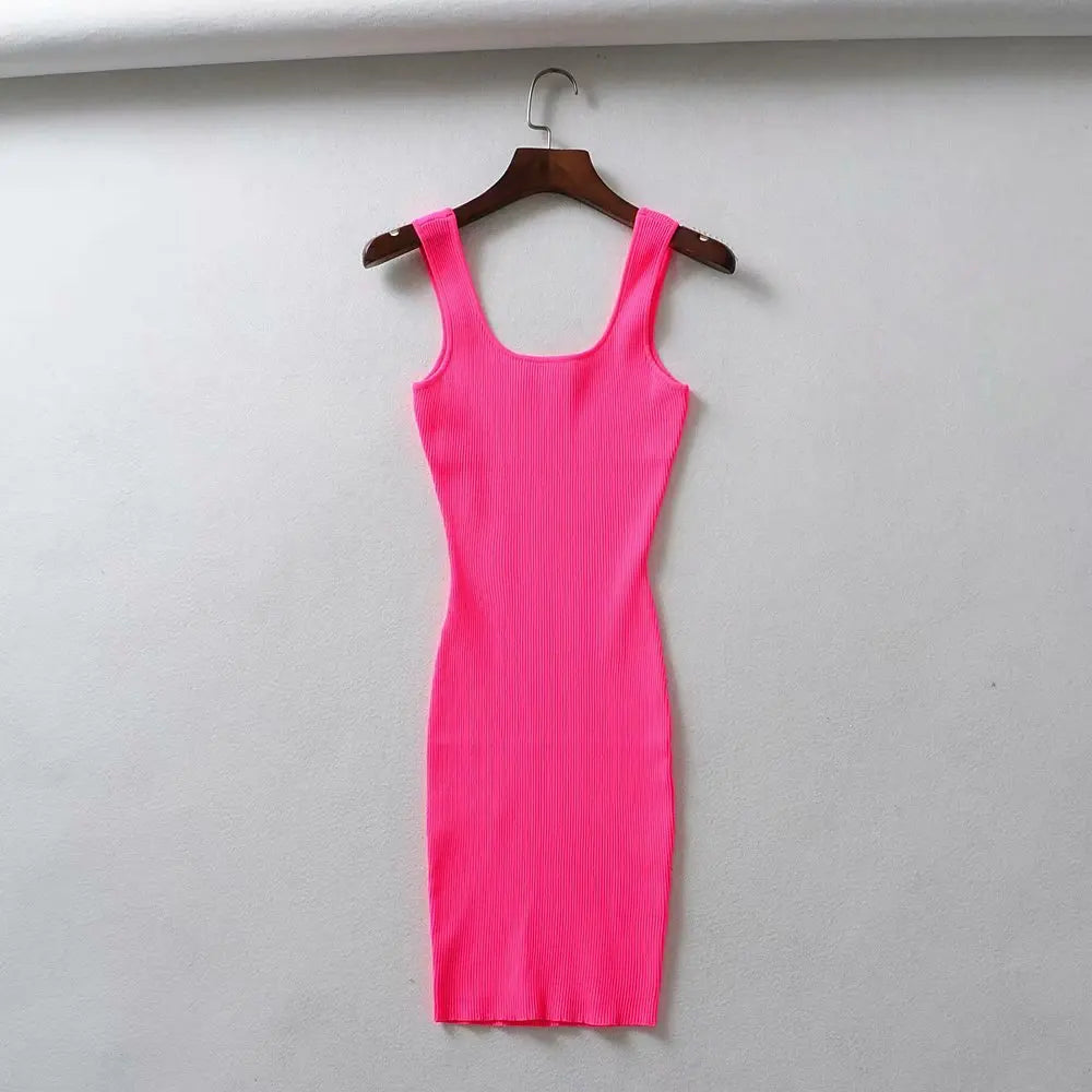 Hnewly  Summer Pink Neon Green Dress Women Ribbed Fluorescence Knit Bodycon Dress Tank Beach Casual Mini Dress Short Sundress