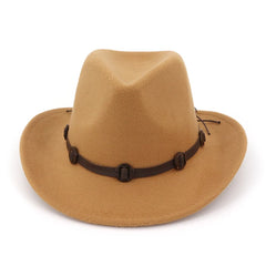 Hnewly  Western Cowboy Cowgirl Fedora Hats with Leather band Men Women Wide Brim Sunhat Felt Jazz Panama cap Trilby Party Fedoras