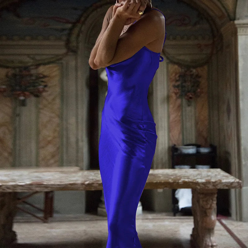 Hnewly  gold satin midi dress blue white long party dress elegant summer dress spaghetti strap casual vintage vestidos