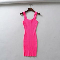 Hnewly  Summer Pink Neon Green Dress Women Ribbed Fluorescence Knit Bodycon Dress Tank Beach Casual Mini Dress Short Sundress