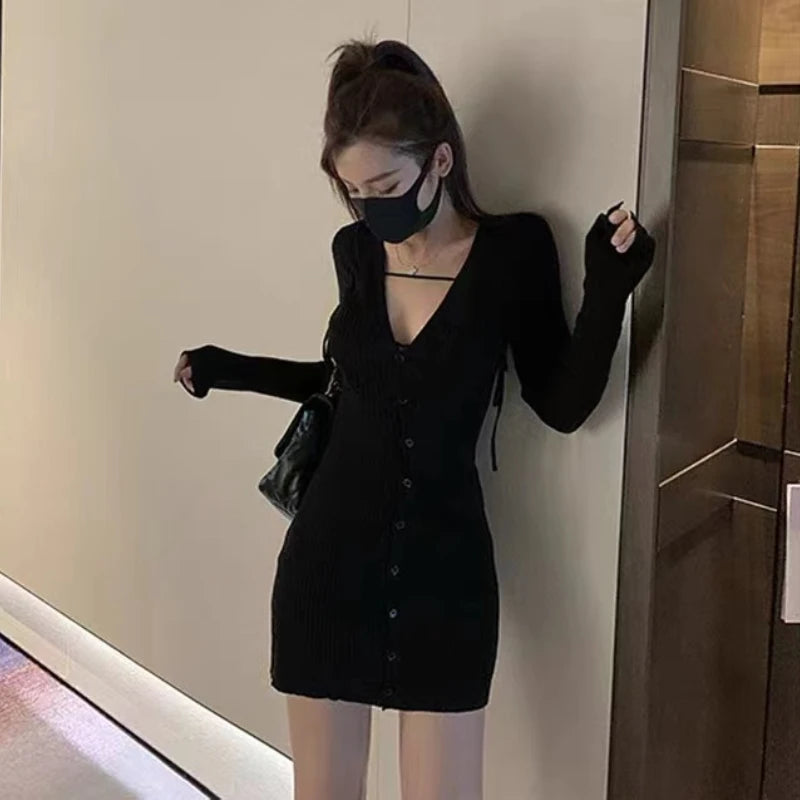 Hnewly Autumn Sexy Knitted Dress Women Long Sleeve Fairy Korean Slim Bodycon Dress Female Casual Club High Street Party Mini Dress