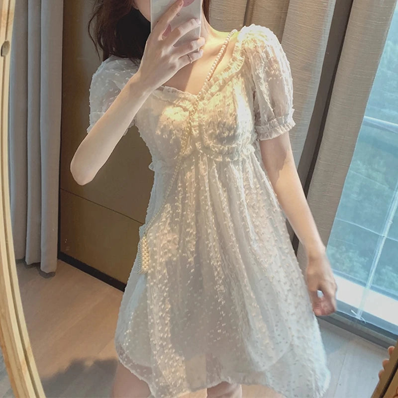 Hnewly DRESS TO IMPRESS Summer Chiffon Lace Fairy Dress Women Backless Design Puff Sleeve Party Mini Dress Female Patchwork Korean One-piece Dress