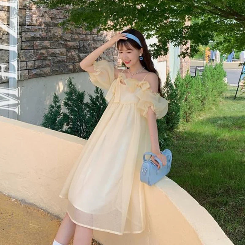 Hnewly DRESS TO IMPRESS Summer Vintage Yellow Strap Dress Women Sweet Off Shoulder Ruffle Fairy Dress Female Elegant Evening Party Ladies Dress New