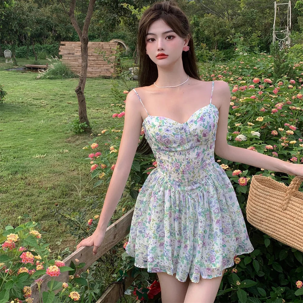 Hnewly DRESS TO IMPRESS Sexy Strap Floral Dress Women Designer Korean Elegant Sweet Mini Dress Sleeveless Chiffon Slim Fairy Party Dress Summer New