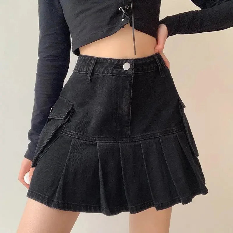 Hnewly Skirts Women Folds Denim Mini Sexy Kawaii Streetwear Korean Style Chic Casual A-Line Vintage Fashionable Harajuku Sweet Girls