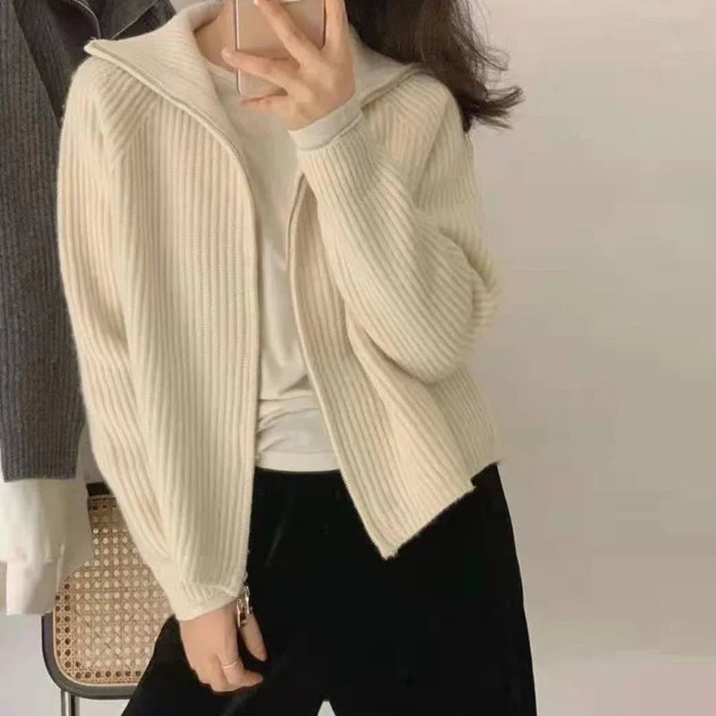 Hnewly Sweater Cardigan Women Spring New Solid Vintage All-match Elegant Zipper Loose Daily Soft Sweet Simple Casual Knitwear Chic Teen