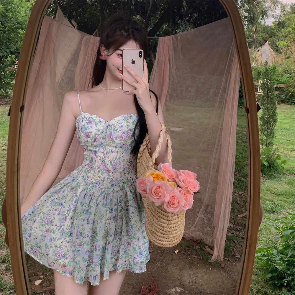 Hnewly DRESS TO IMPRESS Sexy Strap Floral Dress Women Designer Korean Elegant Sweet Mini Dress Sleeveless Chiffon Slim Fairy Party Dress Summer New
