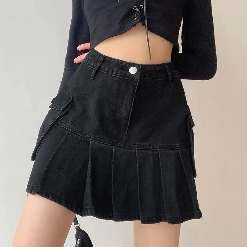Hnewly Skirts Women Folds Denim Mini Sexy Kawaii Streetwear Korean Style Chic Casual A-Line Vintage Fashionable Harajuku Sweet Girls