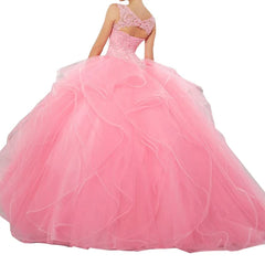 Lunivop  Pink Princess Lace Sequined Girls Puffy Sweet 16 Quinceanera Dresses Sexy Deep V Neck Ball Gown Prom Gowns with Layered Ruffles