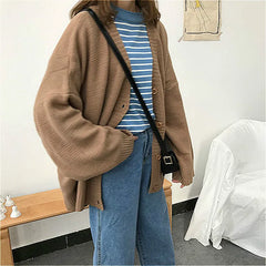 Hnewly Sweaters Women Knitting Cardigans Casual Spring V-Neck Long Sleeve Daily Solid Mujer Clothes Single Breasted Brown College