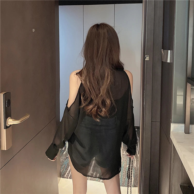 Hnewly Shirts Women Loose Design Solid Summer Leisure Off Shoulder Minimalist Ladies Korean Style Mid-length Sun-proof Comfortable Chic