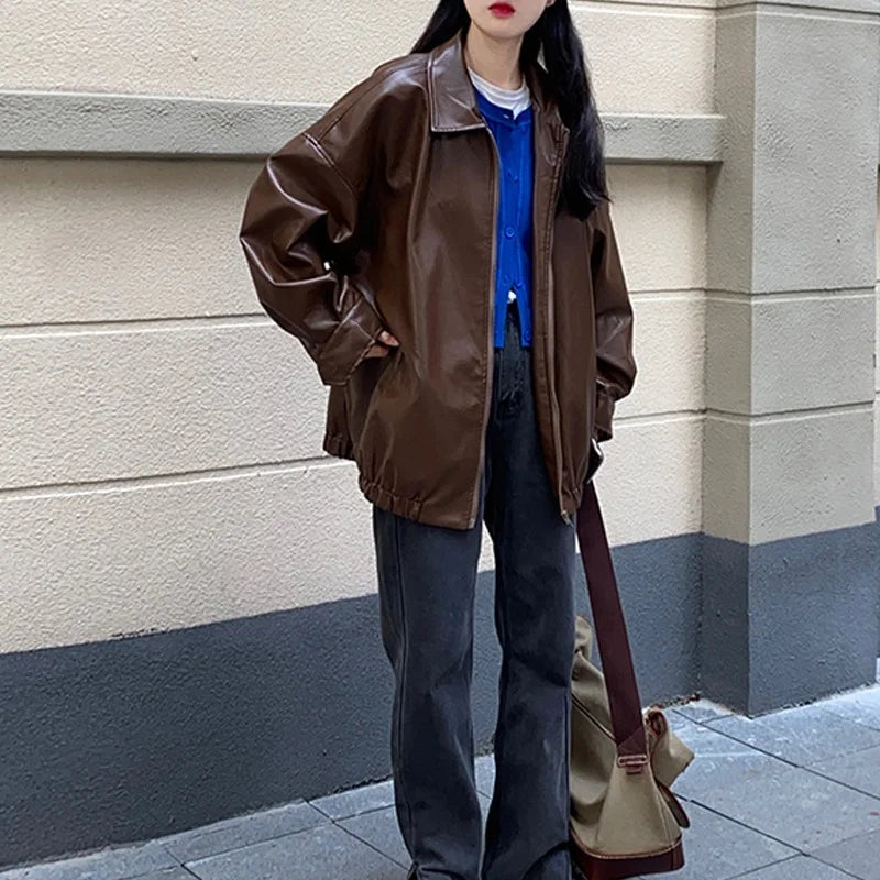 Hnewly trashy outfits Korean Black Leather Jacket Women Winter Long Women's Moto Biker Zipper Jacket Streetwear Harajuku Y2K Loose Women's Coat