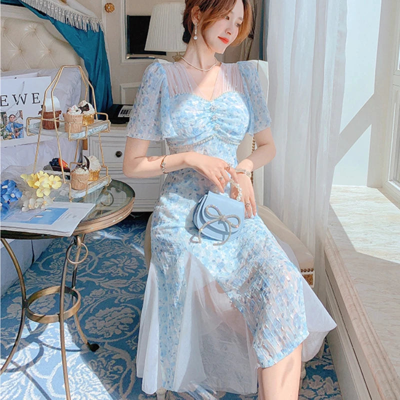 Hnewly DRESS TO IMPRESS Vintage Chiffon Fairy Dress Women Elegant Floral Print Split Victorian Dress Summer Holiday Korean Long Party Dress Wedding
