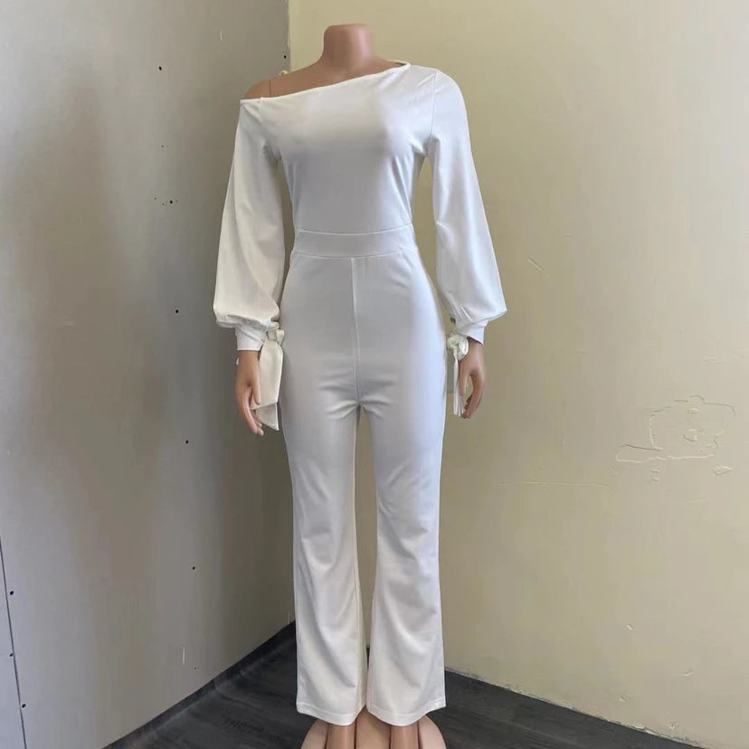 Hnewly Long Sleeve Off Shoulder Sesy Jumpsuit Lantern Sleeve Red Rompers Elegant Wide Leg Playsuit OL Ladies Overalls Party