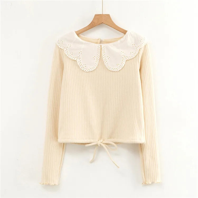 Hnewly  woman sweaters vintage winter tops knitted long sleeve crop top sweater  korean cropped sweater kawaii pulovers peter pan collar