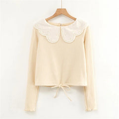 Hnewly  woman sweaters vintage winter tops knitted long sleeve crop top sweater  korean cropped sweater kawaii pulovers peter pan collar