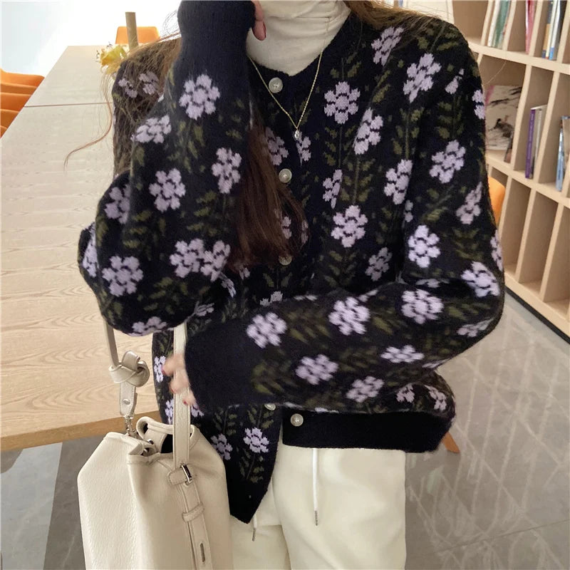 Hnewly  Spring Women Knitting Candigan Sweater New Sweater Coat Fashion Printing Long Seeve Single Breasted Women Thin Sweater
