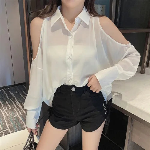 Hnewly Shirts Women Loose Design Solid Summer Leisure Off Shoulder Minimalist Ladies Korean Style Mid-length Sun-proof Comfortable Chic
