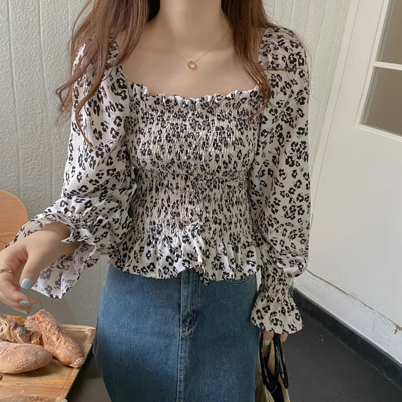 Hnewly French Long Sleeve Ruffle Tops Women Casual Flroal Slim Korean Party Blouse Female Sweet Elegant Sexy Holiday Chic Clothing