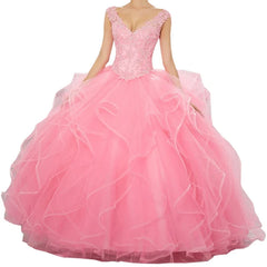Lunivop  Pink Princess Lace Sequined Girls Puffy Sweet 16 Quinceanera Dresses Sexy Deep V Neck Ball Gown Prom Gowns with Layered Ruffles