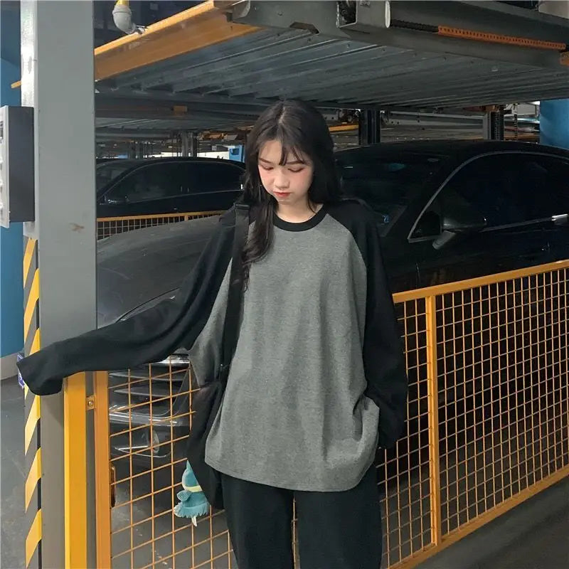 Hnewly casual winter outfits New Female T-shirt Grey O Neck Contrast Color Long Sleeve T Shirt Loose Autumn Tee Tops for Women Shirts Patchwork