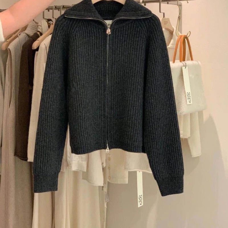 Hnewly Sweater Cardigan Women Spring New Solid Vintage All-match Elegant Zipper Loose Daily Soft Sweet Simple Casual Knitwear Chic Teen