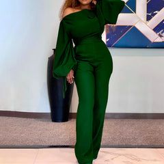 Hnewly Long Sleeve Off Shoulder Sesy Jumpsuit Lantern Sleeve Red Rompers Elegant Wide Leg Playsuit OL Ladies Overalls Party